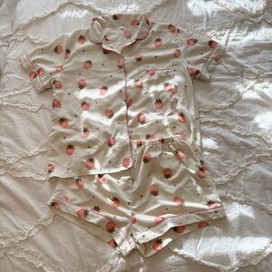 Cream Pink Strawberry Print Short Sleeve Pajama Set